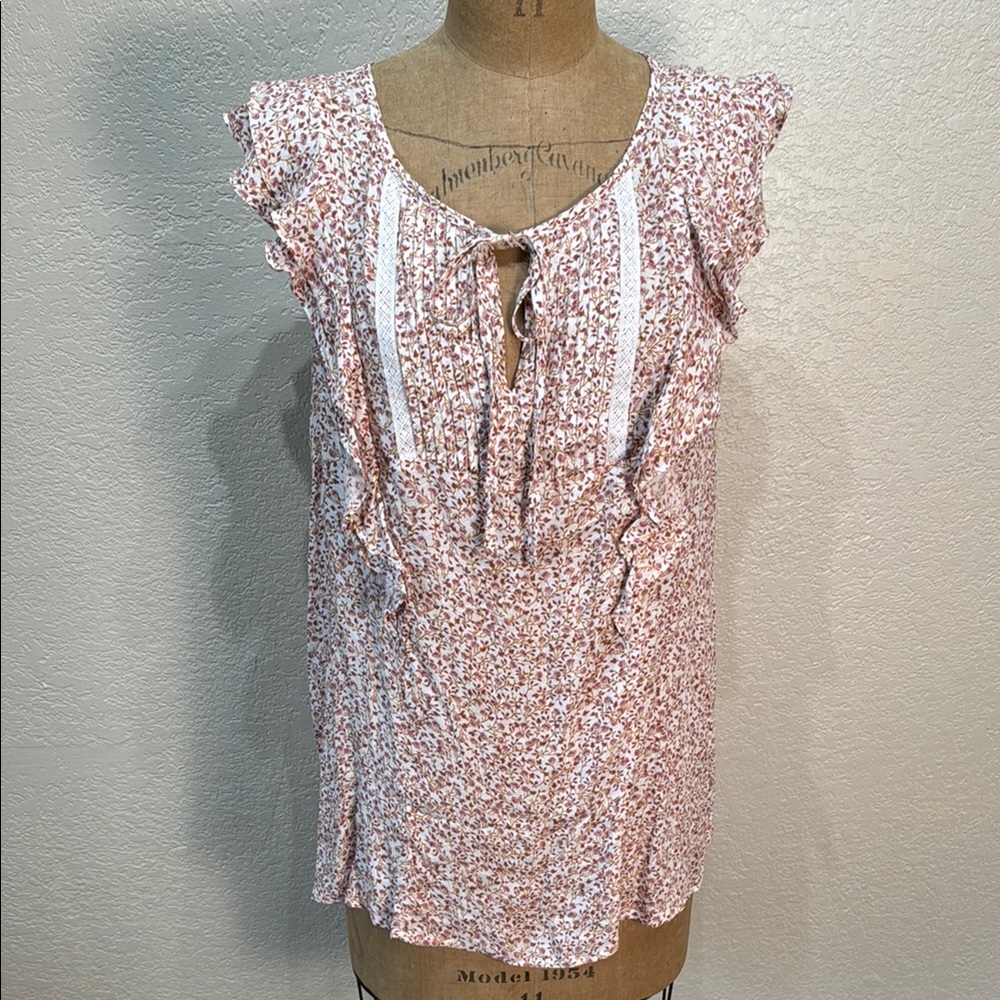 Knox Rose Women's Floral‎ Pink Brown Lace Ruffle Sleeve Tie Front Top